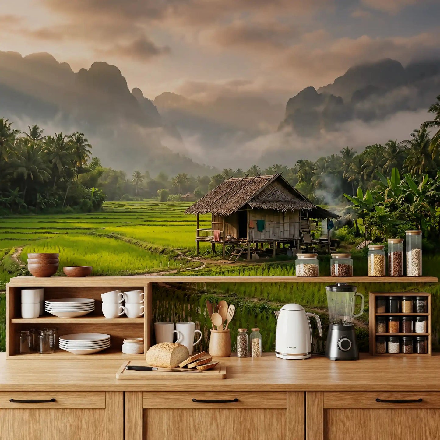Dramatic morning sunrise rays on the Misty Mountain wall mural design.GD9463
