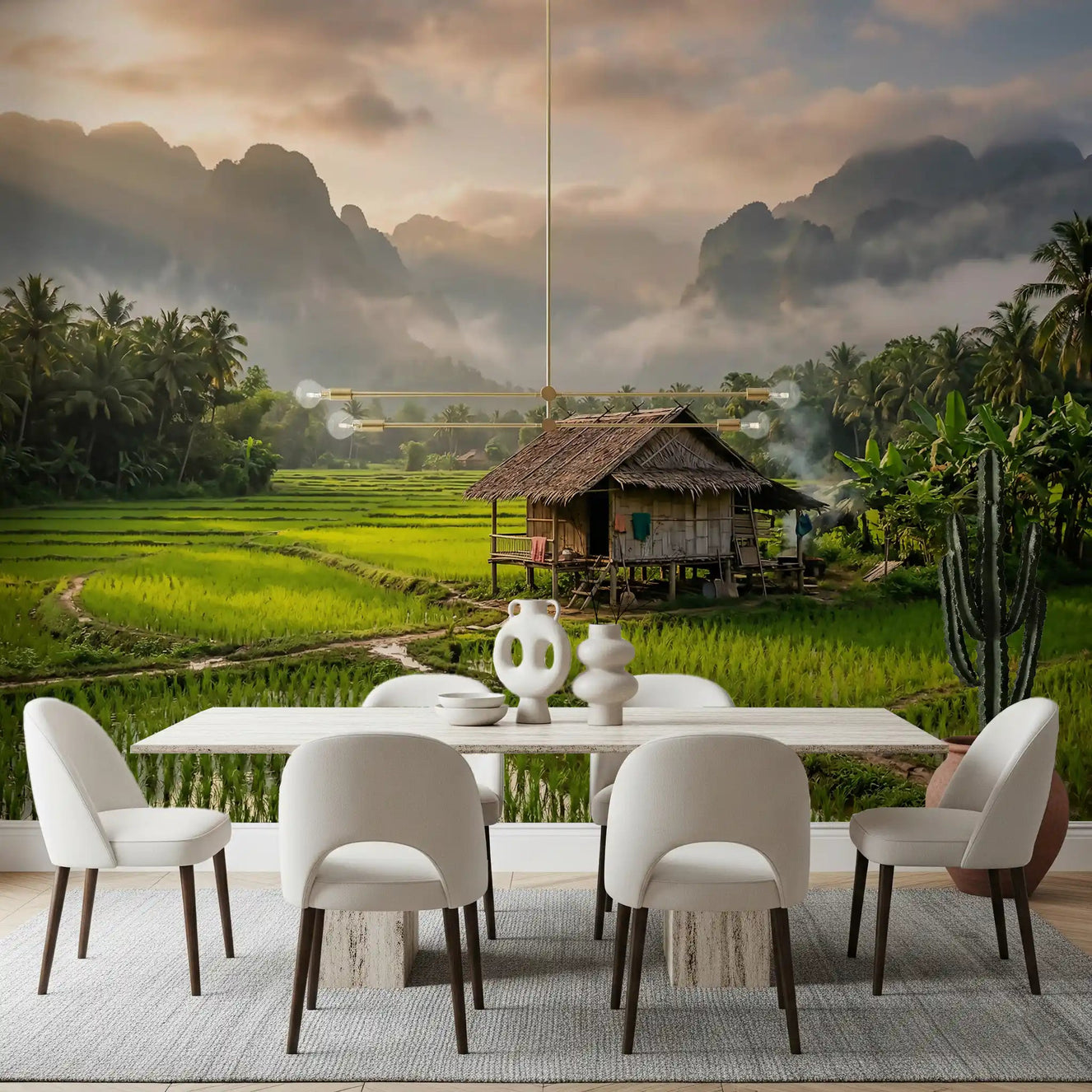 Dining room the panoramic Misty Mountain Rice Fields wall mural scenery.GD9463