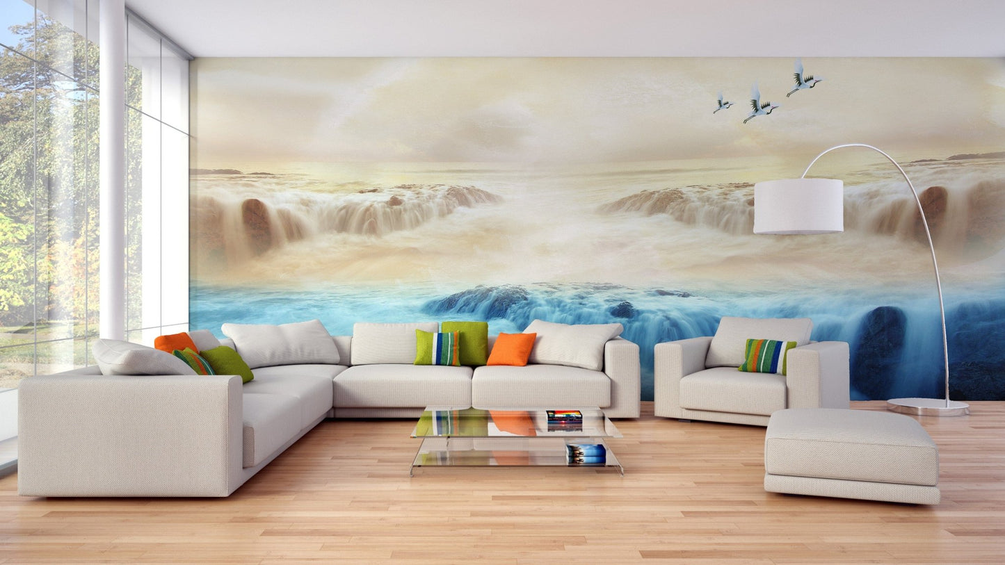 Flock of Cranes Over Misty Mountains Wall Mural B195
