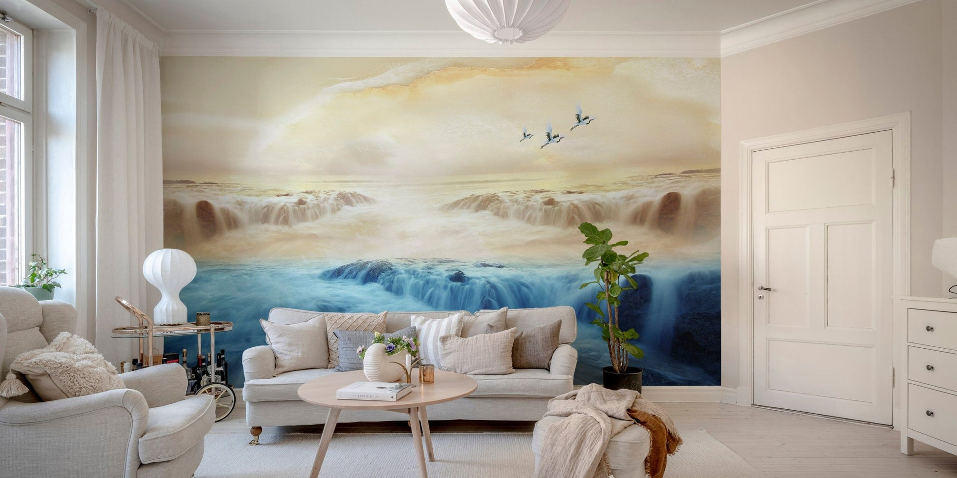 Serene Misty Mountain Cranes Sky Peel and Stick B195
