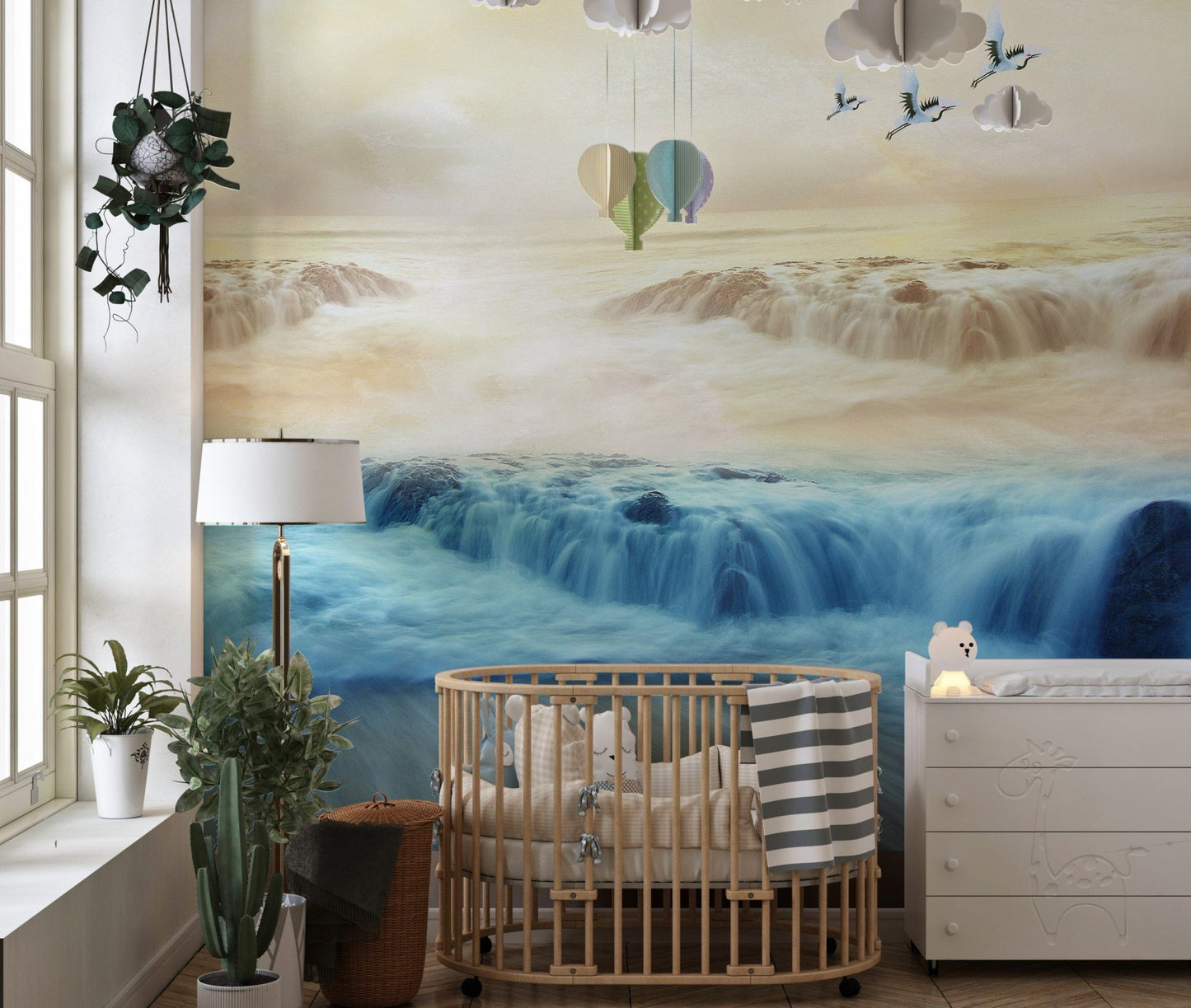Flock of Cranes in Misty Mountain Sky Wallpaper B195
