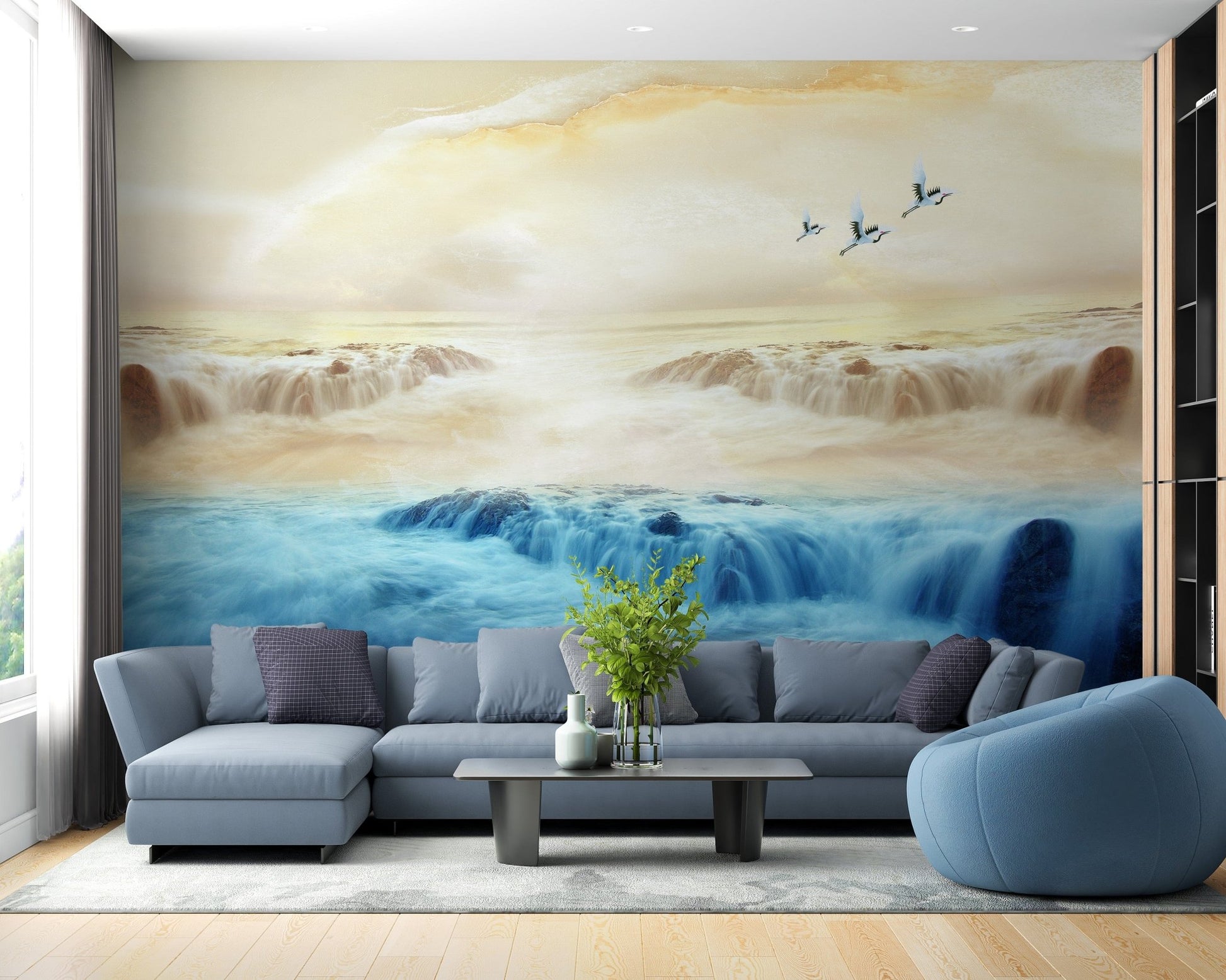 Tranquil Misty Mountains and Cranes Sky Mural B195

