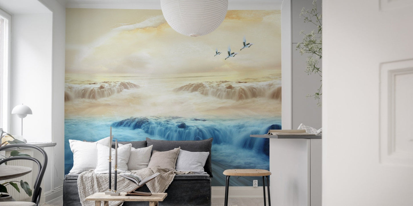 Sunrise Over Misty Mountains with Cranes Mural B195