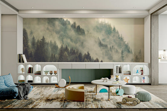 Misty Mountainside Wall Mural with fog drifting over pine forest GD4953
