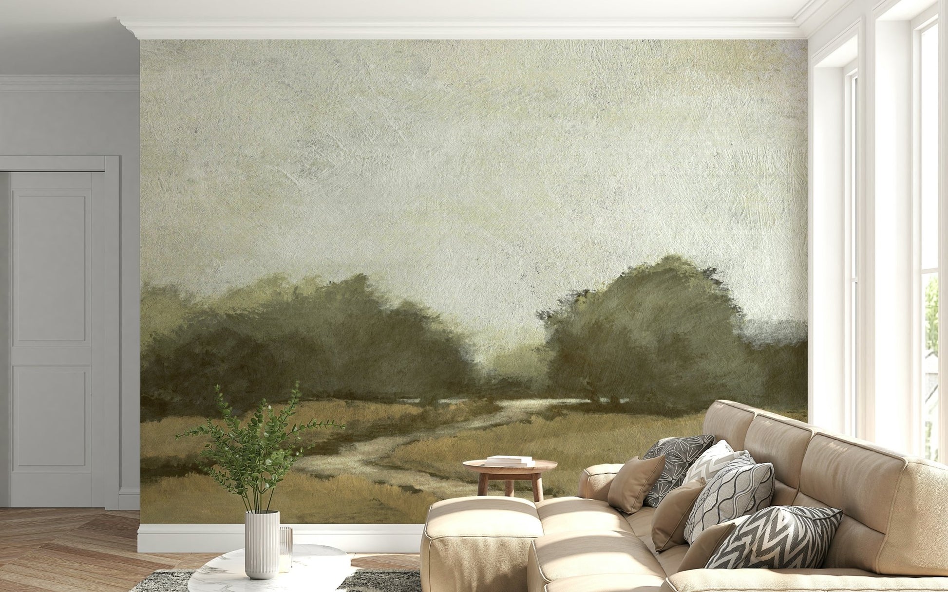 A peaceful open country mural on decorative wallpaper.