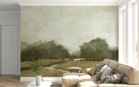 A peaceful open country mural on decorative wallpaper.