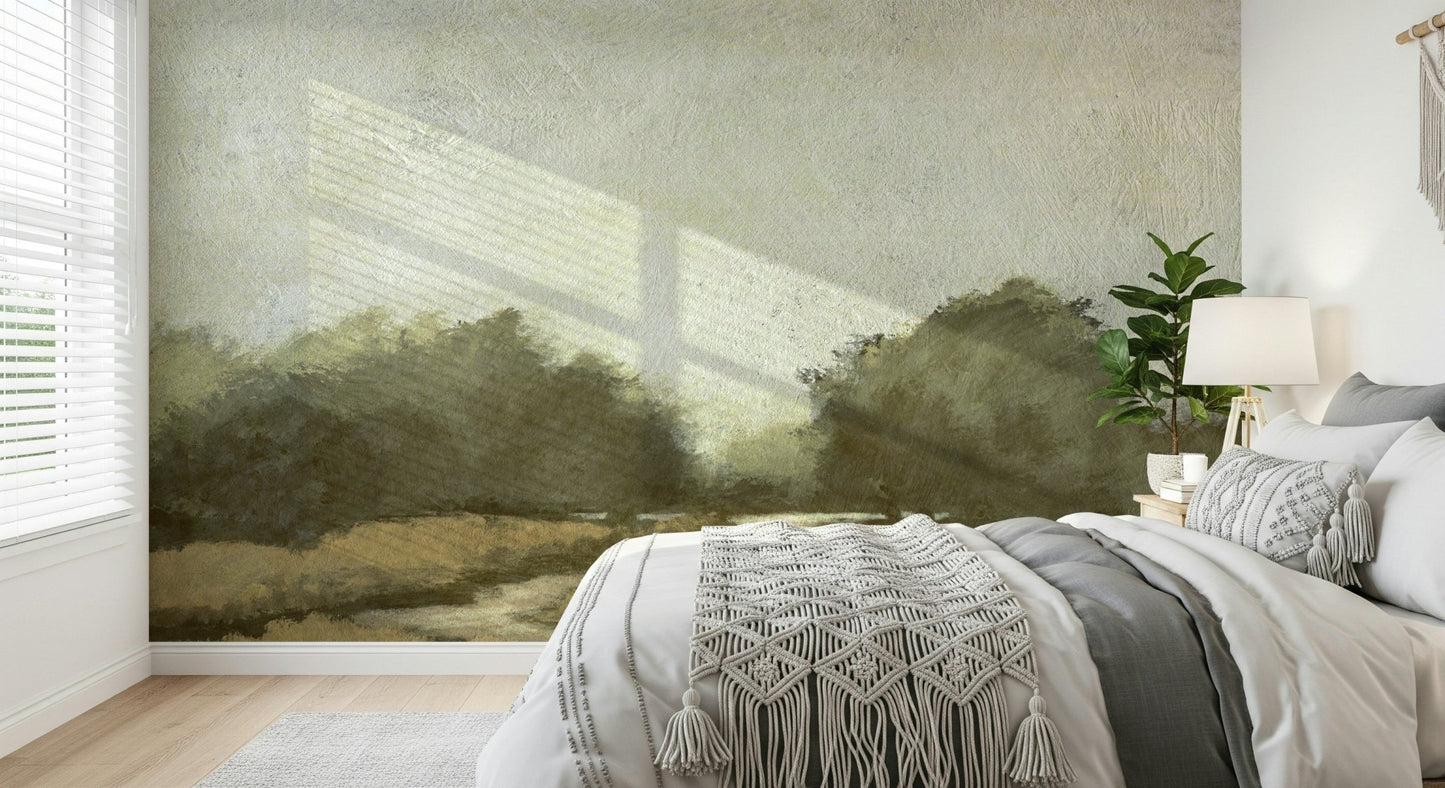 A calming serene view wallpaper mural that defines a space.
