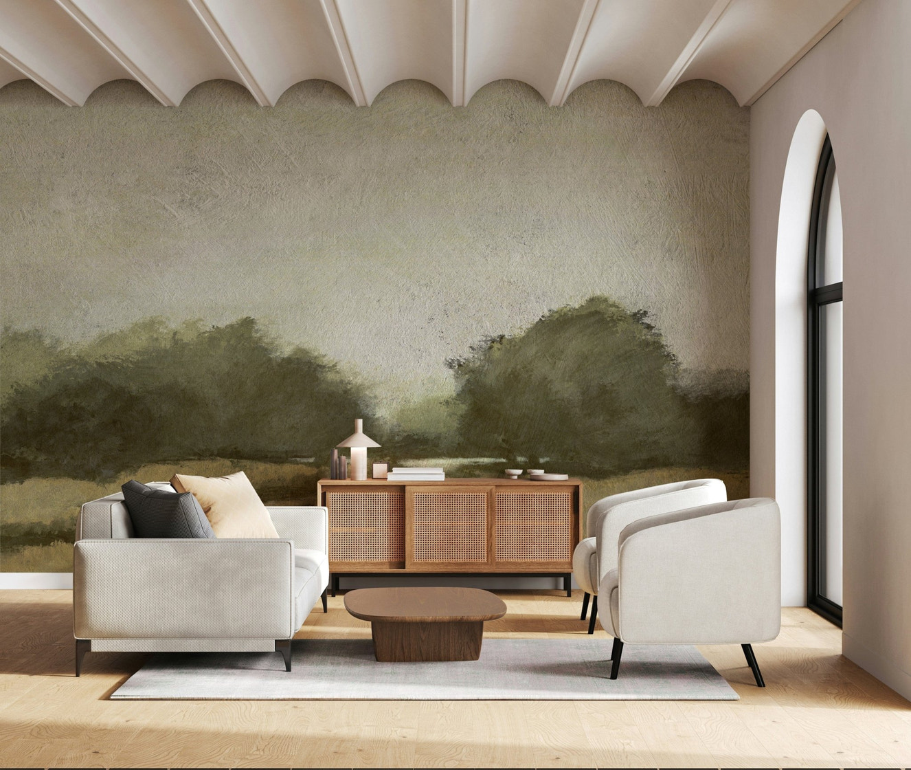 A beautiful misty path wallpaper mural of a serene, fog-covered trail.