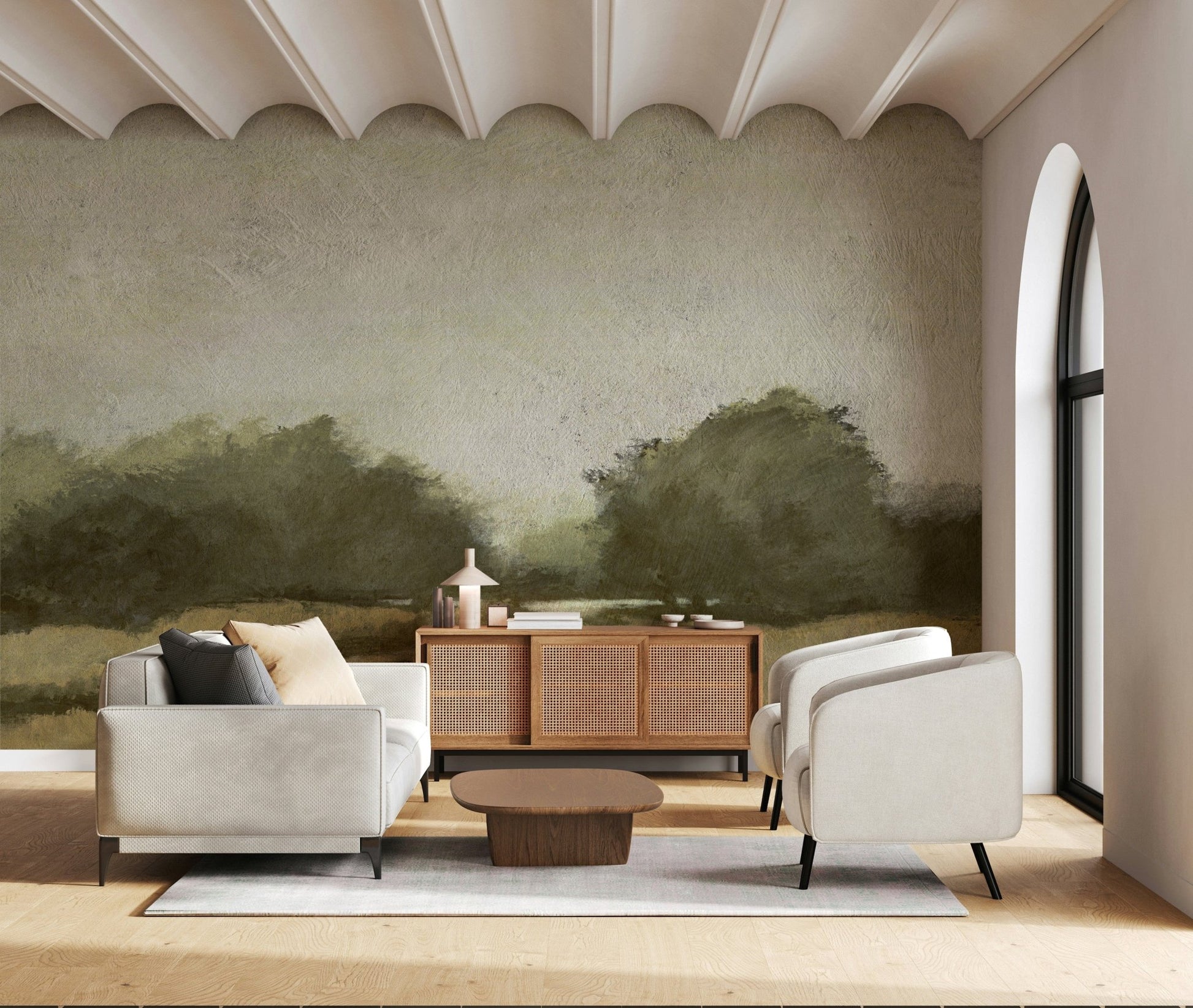 A beautiful misty path wallpaper mural of a serene, fog-covered trail.