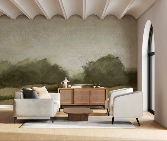 A beautiful misty path wallpaper mural of a serene, fog-covered trail., GD5653