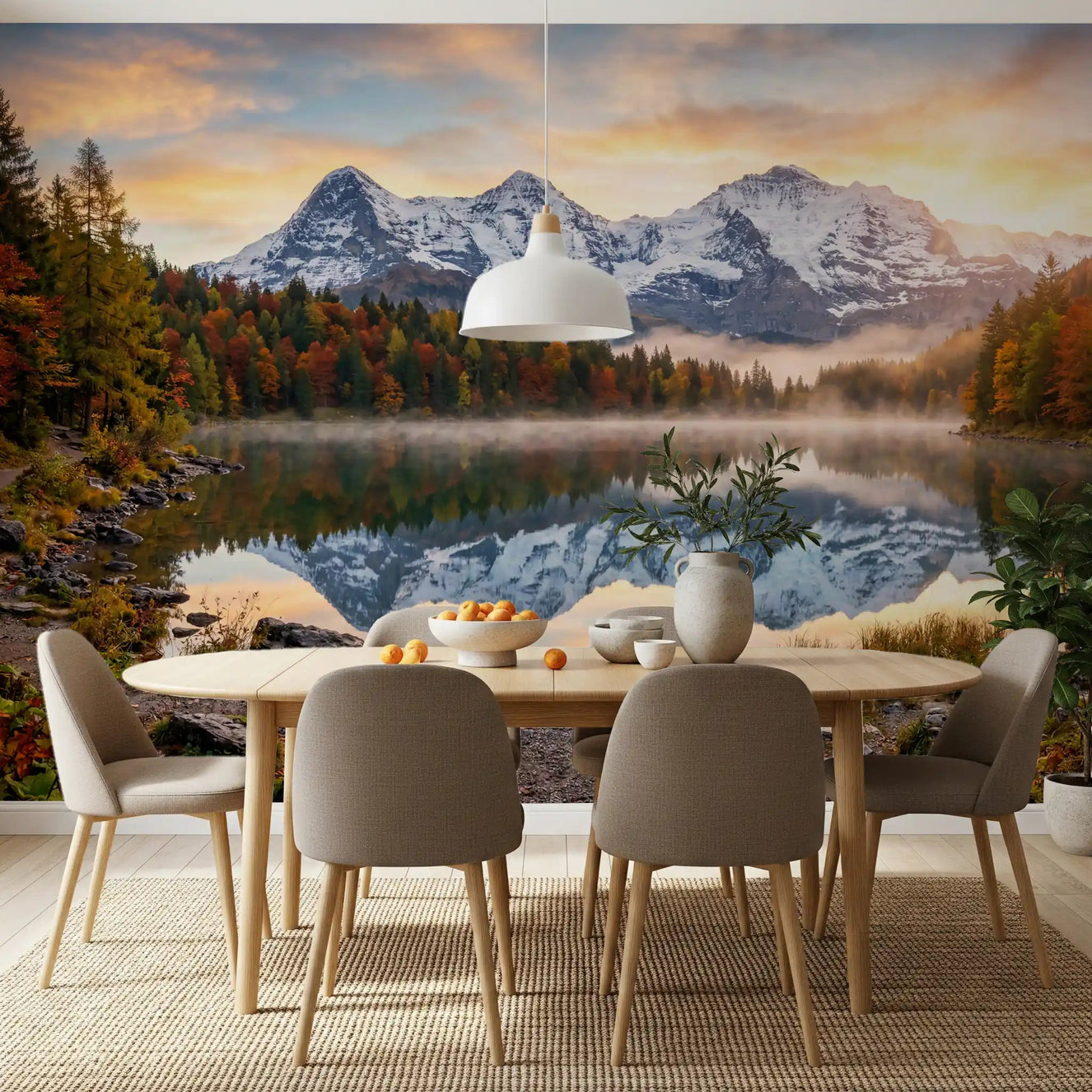 Dawn Wall Mural for dining room with mountain peaks and soft sunrise tones