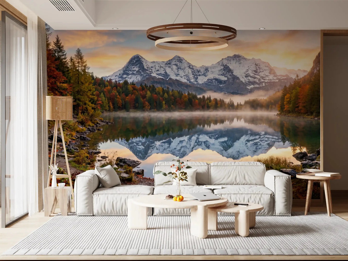 Misty Peaks wall mural in living room with autumn lake reflection at dawn, GD9306