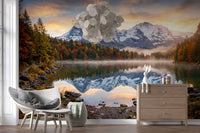 Scenic autumn wall mural with sunrise glow and reflective water surface, GD9306