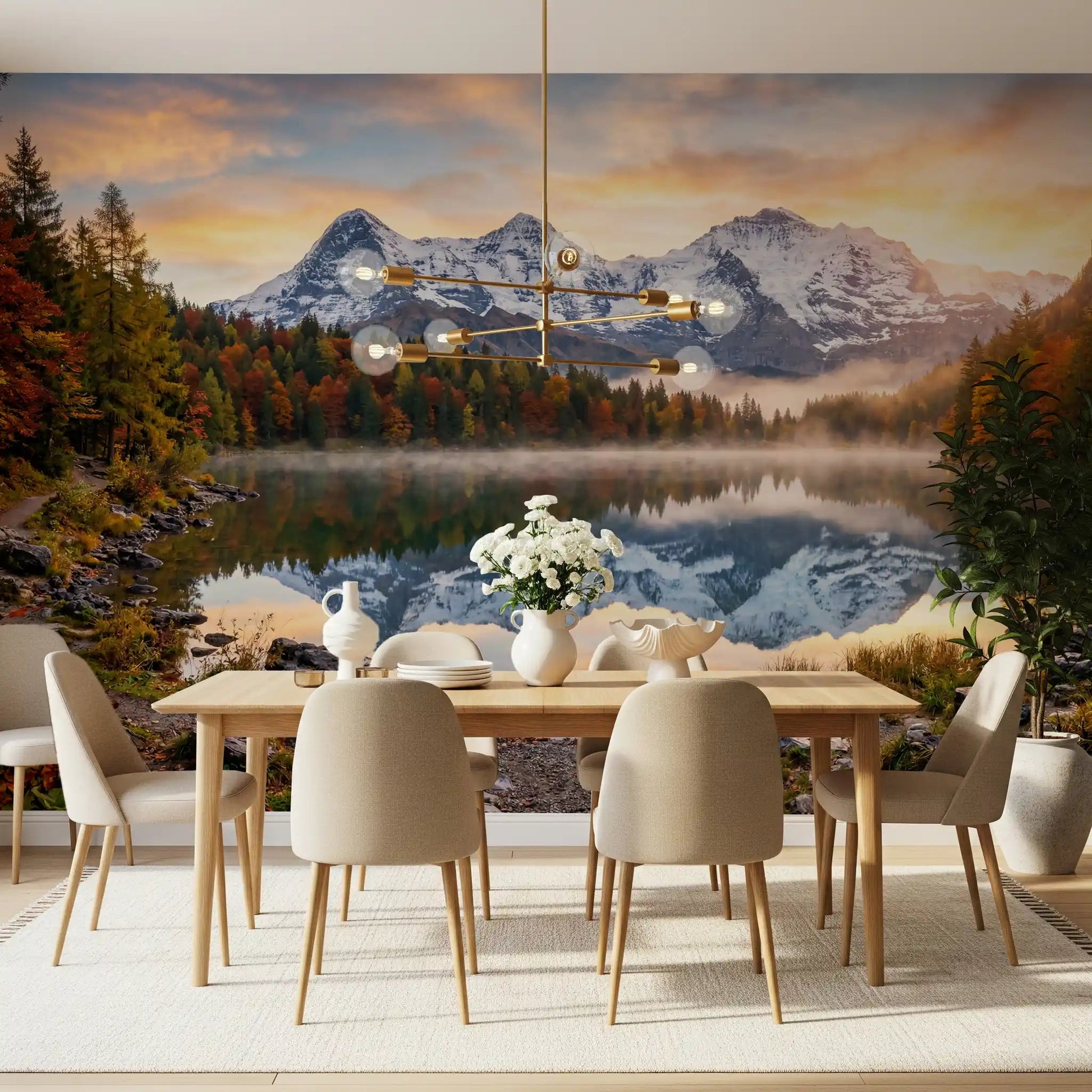 Nature wall mural with dawn light, calm water, and layered peaks, GD9306