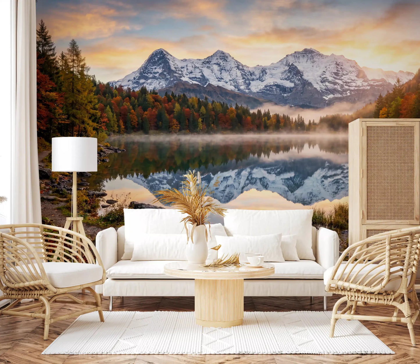 Misty Peaks wall mural in hallway with warm fall trees and still water, GD9306