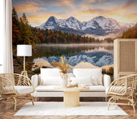 Misty Peaks wall mural in hallway with warm fall trees and still water, GD9306