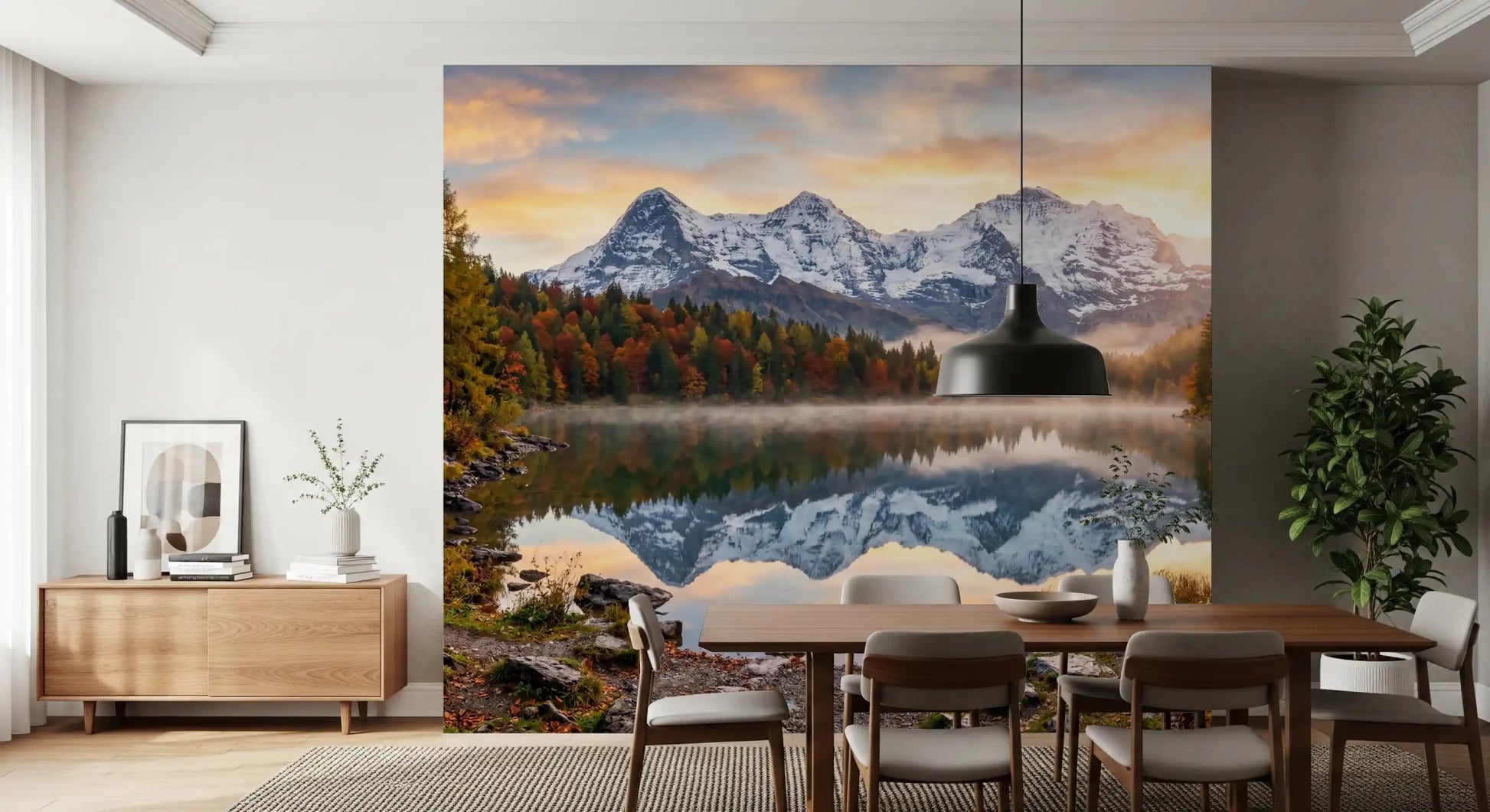 Mountain lake wall mural with fall reflections and distant misty ridges, GD9306