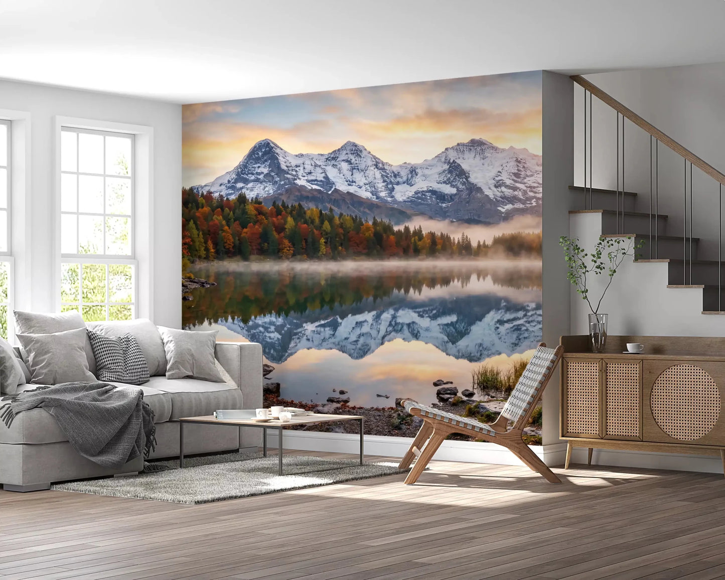 Autumn Reflections mural with mountain mist and golden woodland detail, GD9306