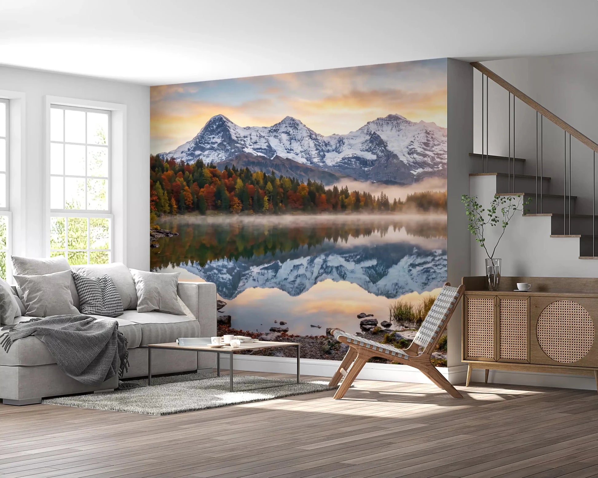 Autumn Reflections mural with mountain mist and golden woodland detail, GD9306
