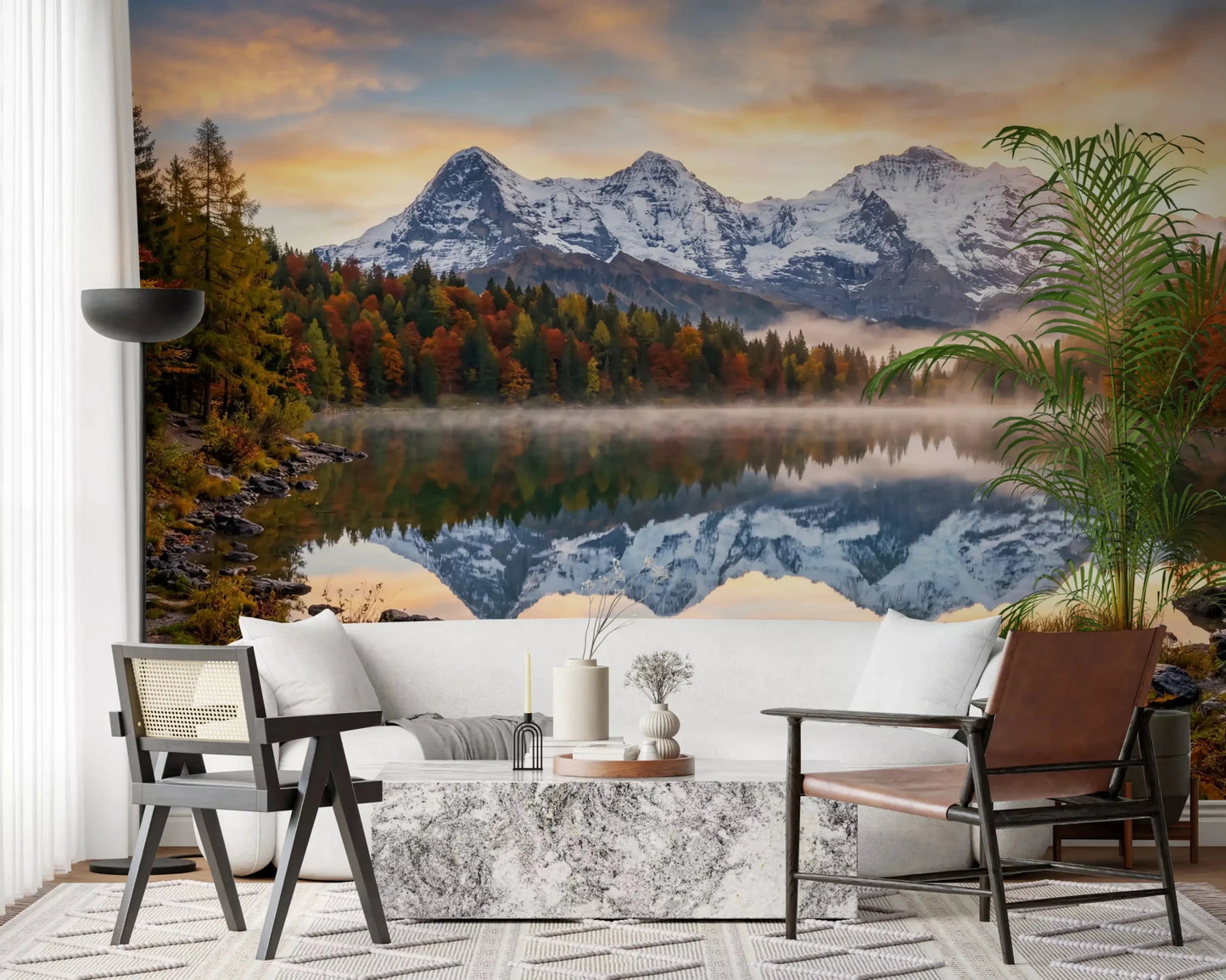 Scenic Misty Peaks wall mural with autumn foliage and mirrored lake view, GD9306