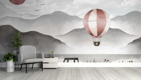 Misty peaks wallpaper mural with a soaring hot air balloon B860
