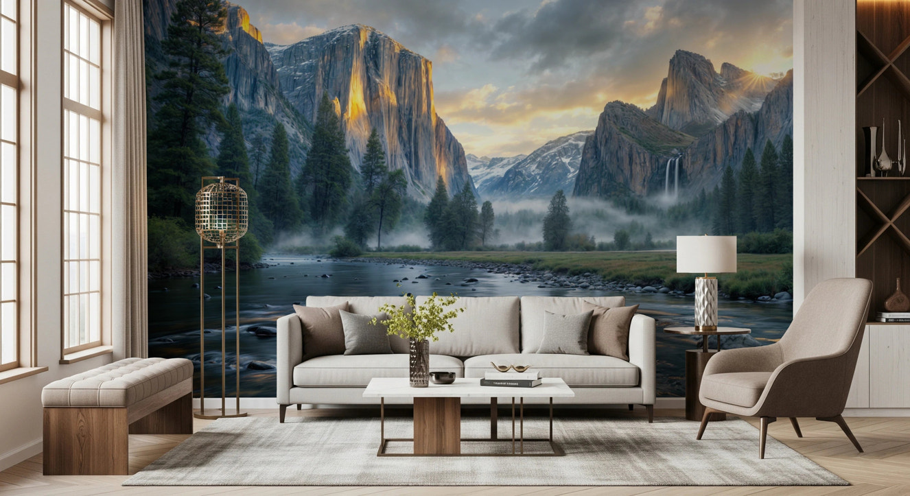 Mountain river wall mural with misty peaks