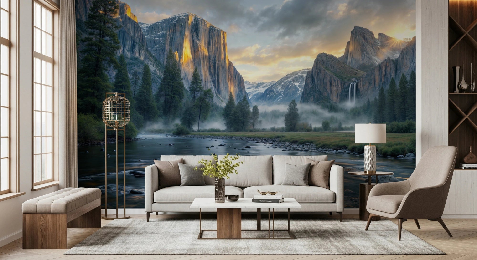 Mountain river wall mural with misty peaks, GD8175