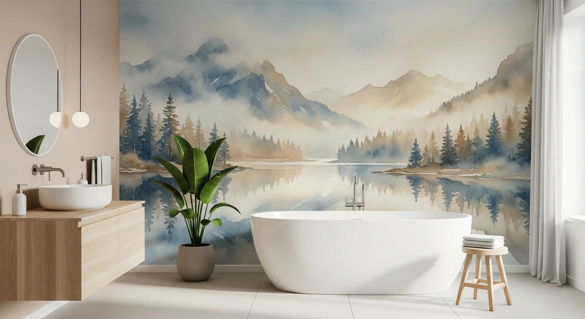 Bathroom featuring Misty Peaks Wall Mural and watercolor peak scenery, GD8057