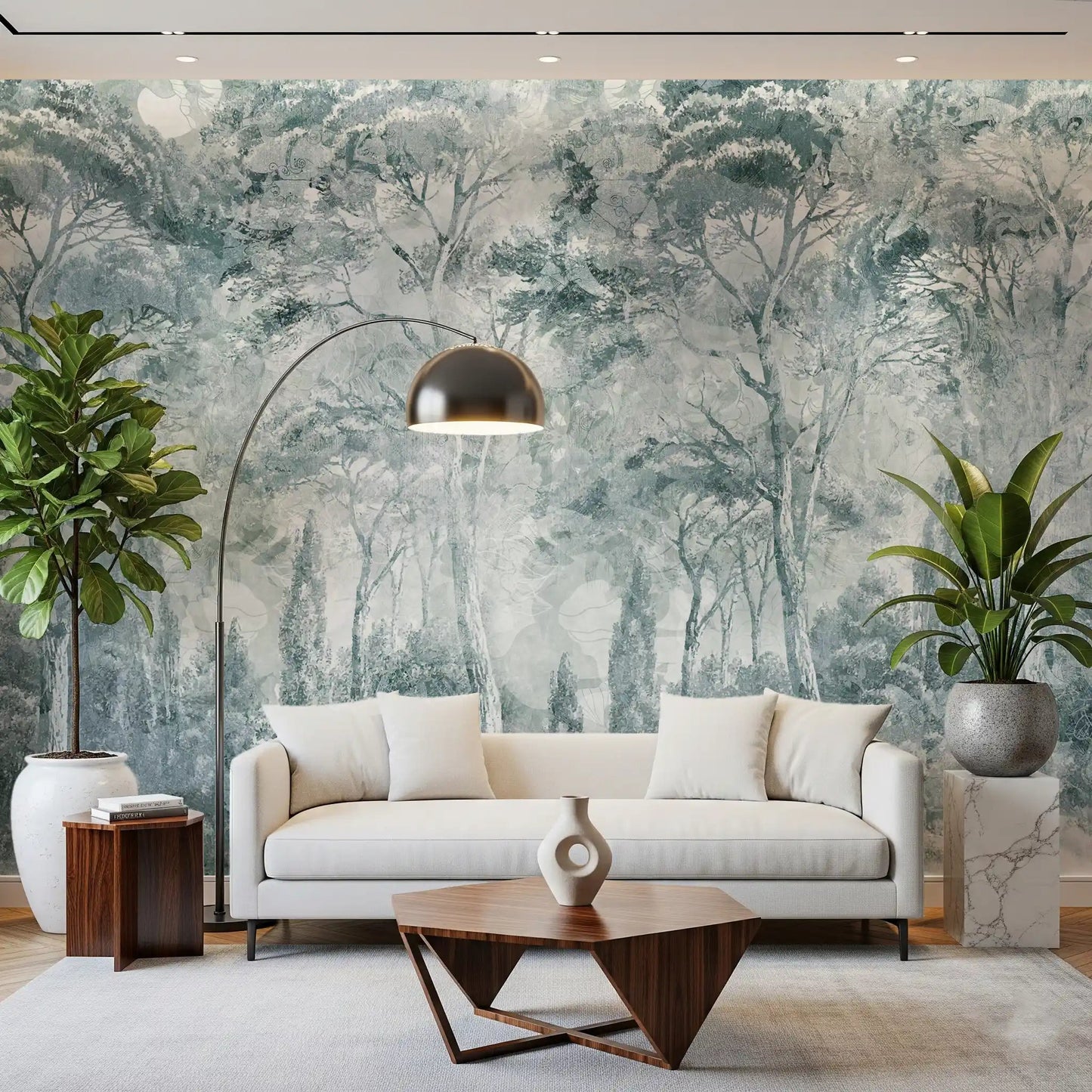 Foggy woodland detail shapes Misty Pine Forest wall mural softly