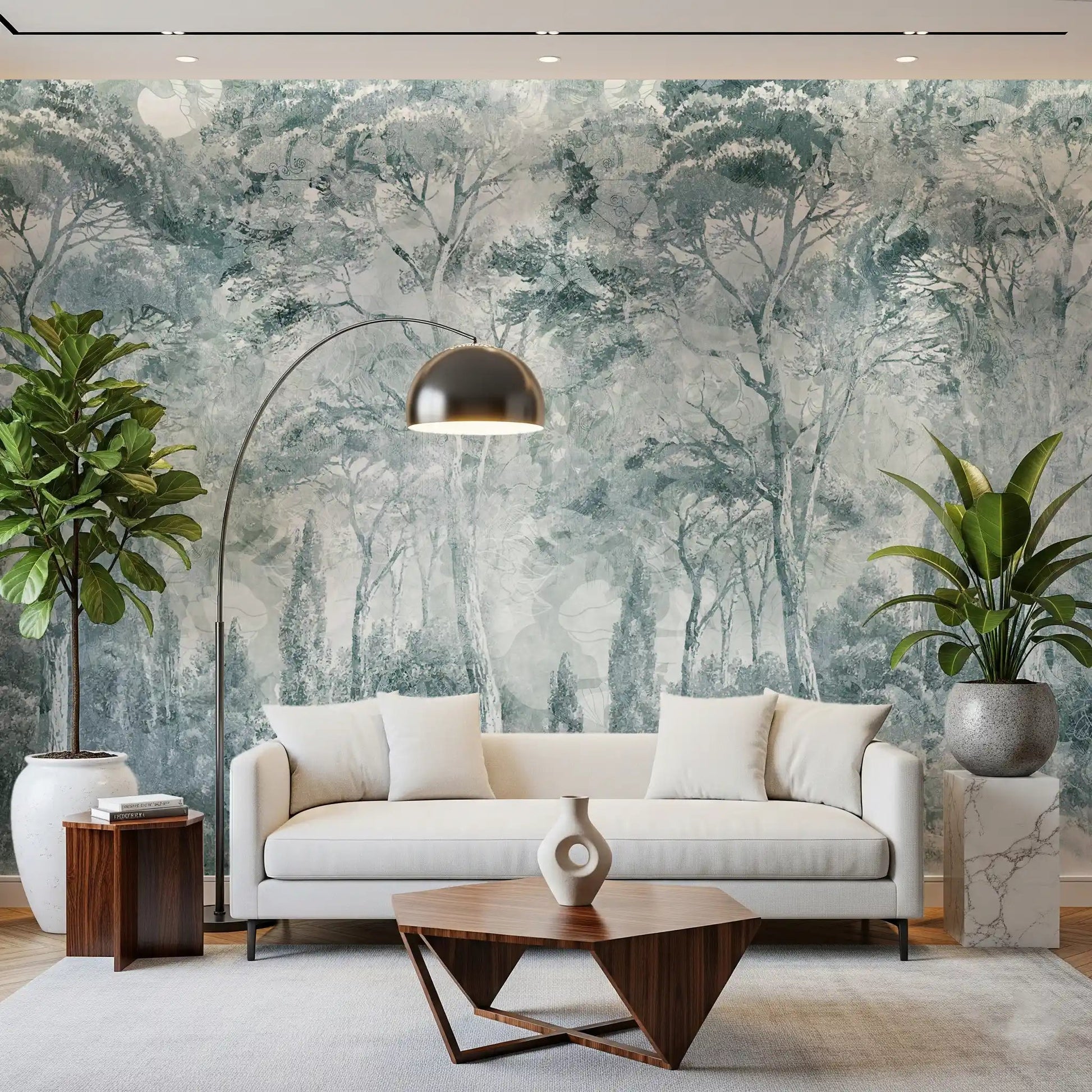 Foggy woodland detail shapes Misty Pine Forest wall mural softly