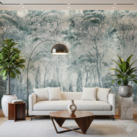 Foggy woodland detail shapes Misty Pine Forest wall mural softly