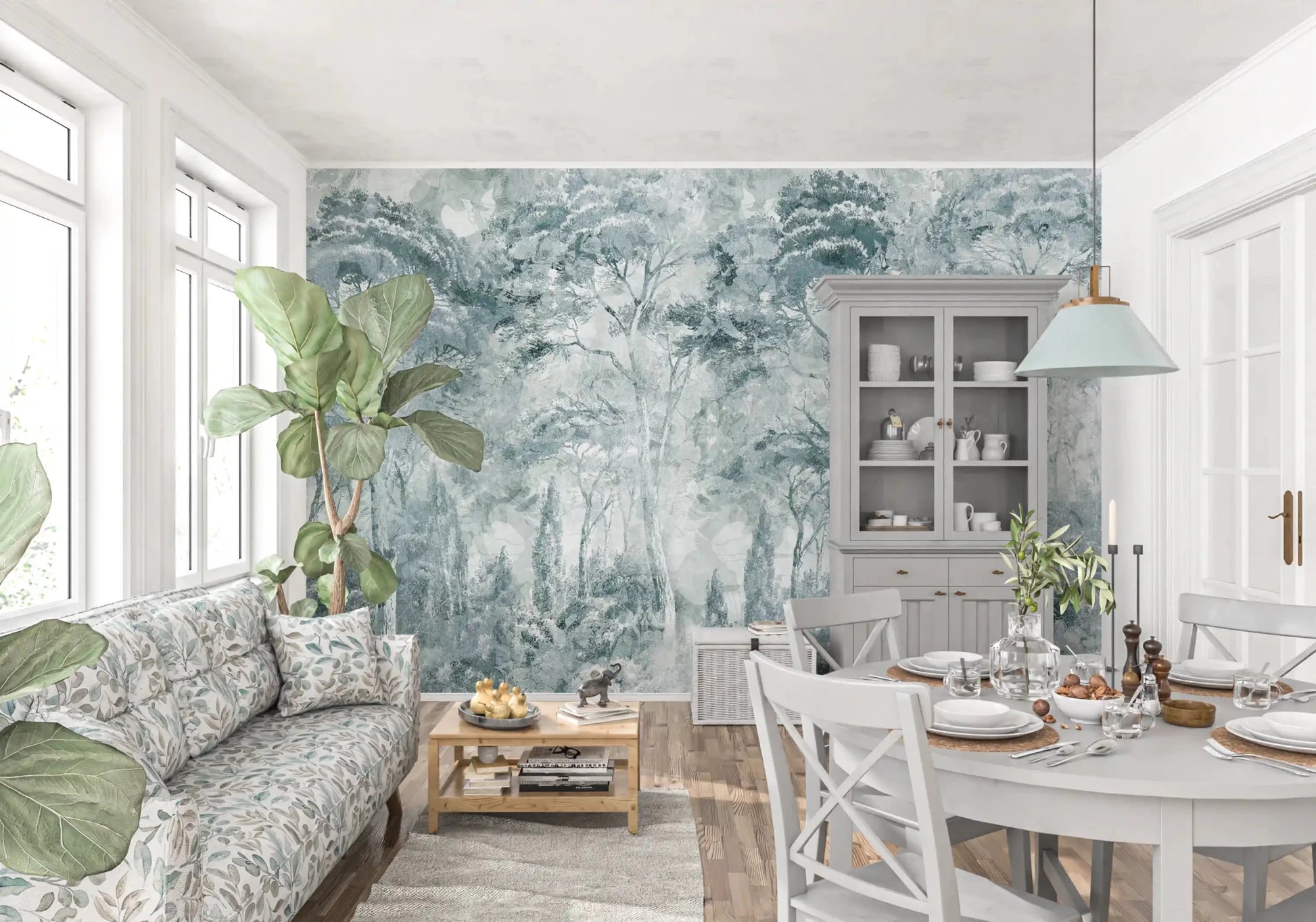 Muted woodland scenery gives Misty Pine Forest wall mural a soft finish