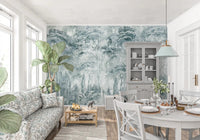 Muted woodland scenery gives Misty Pine Forest wall mural a soft finish