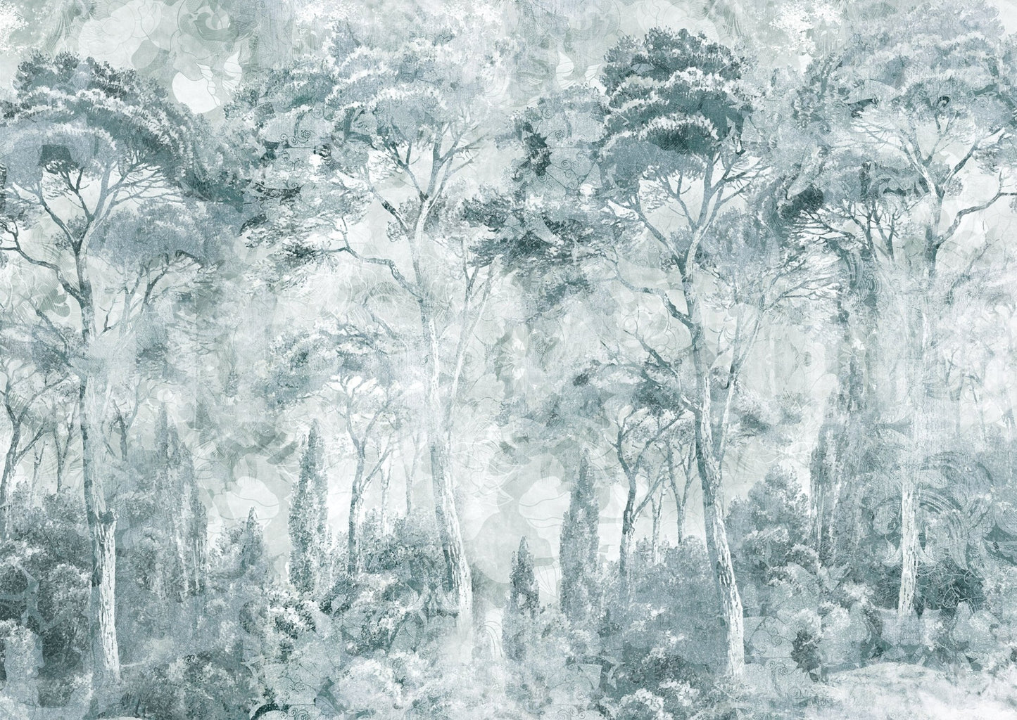Misty Pine Forest wall mural blends pine trees with pale foggy layering