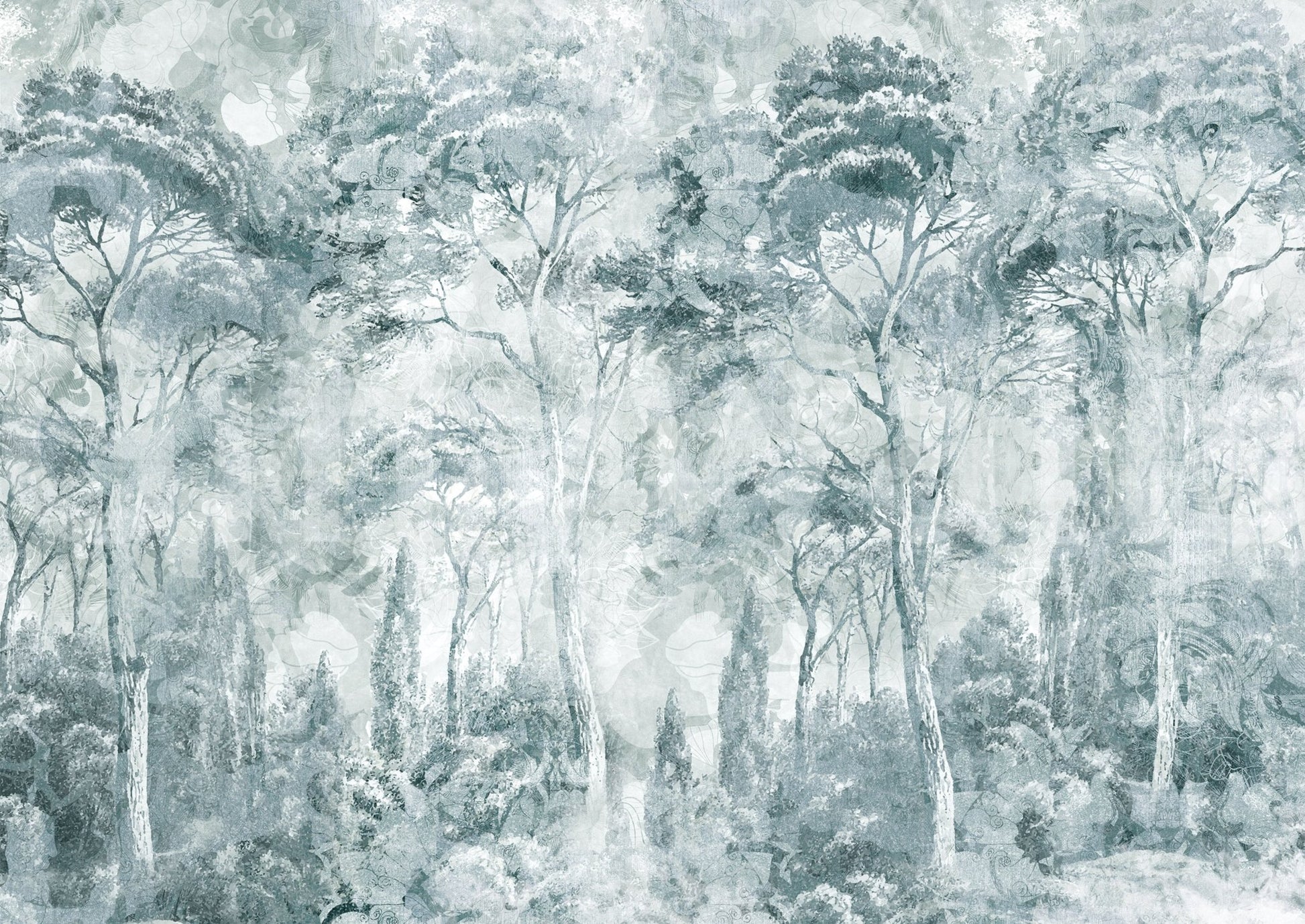 Misty Pine Forest wall mural blends pine trees with pale foggy layering