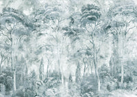 Misty Pine Forest wall mural blends pine trees with pale foggy layering