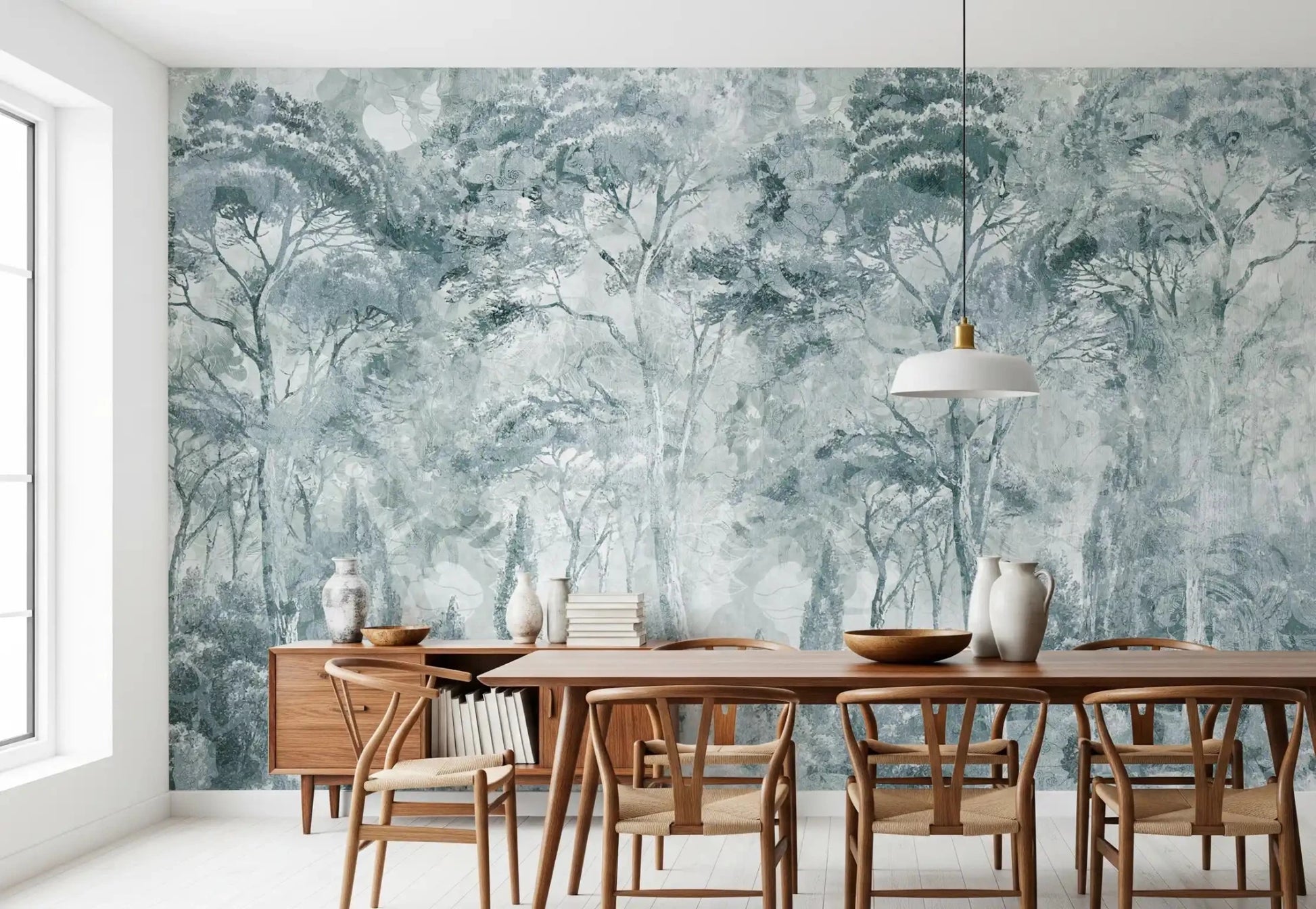 Scenic tree pattern in Misty Pine Forest wall mural with quiet contrast