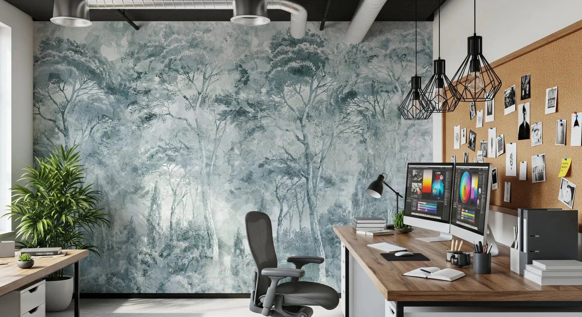 Misty Pine Forest mural shows soft pine silhouettes in misty tones