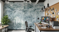 Misty Pine Forest mural shows soft pine silhouettes in misty tones