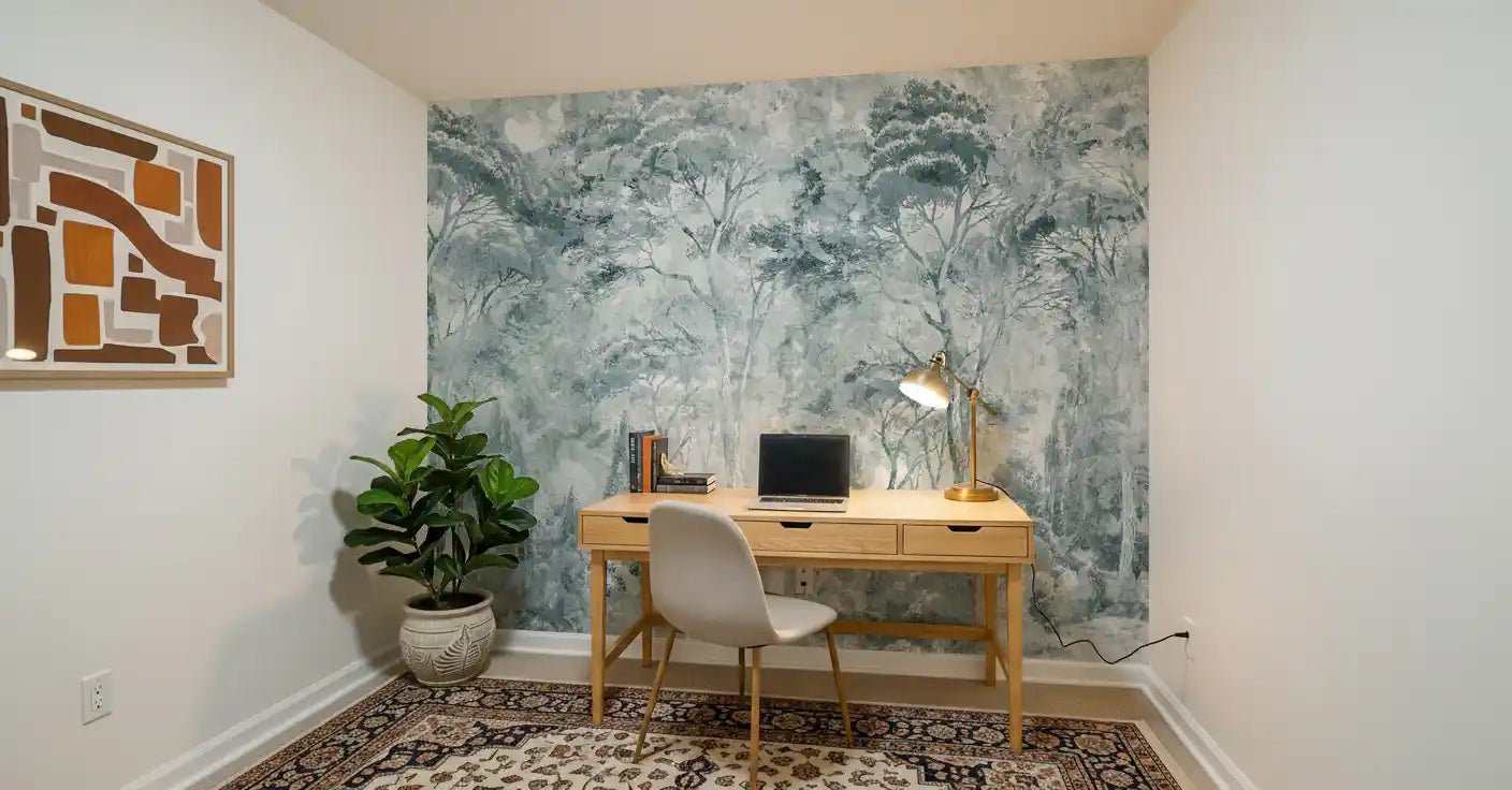 Office space with Misty Pine Forest mural in muted blue grey shades