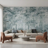 Living room with Misty Pine Forest wall mural in cool foggy woodland tones