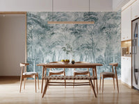 Dining room styled in Misty Pine Forest mural with soft layered pine trees