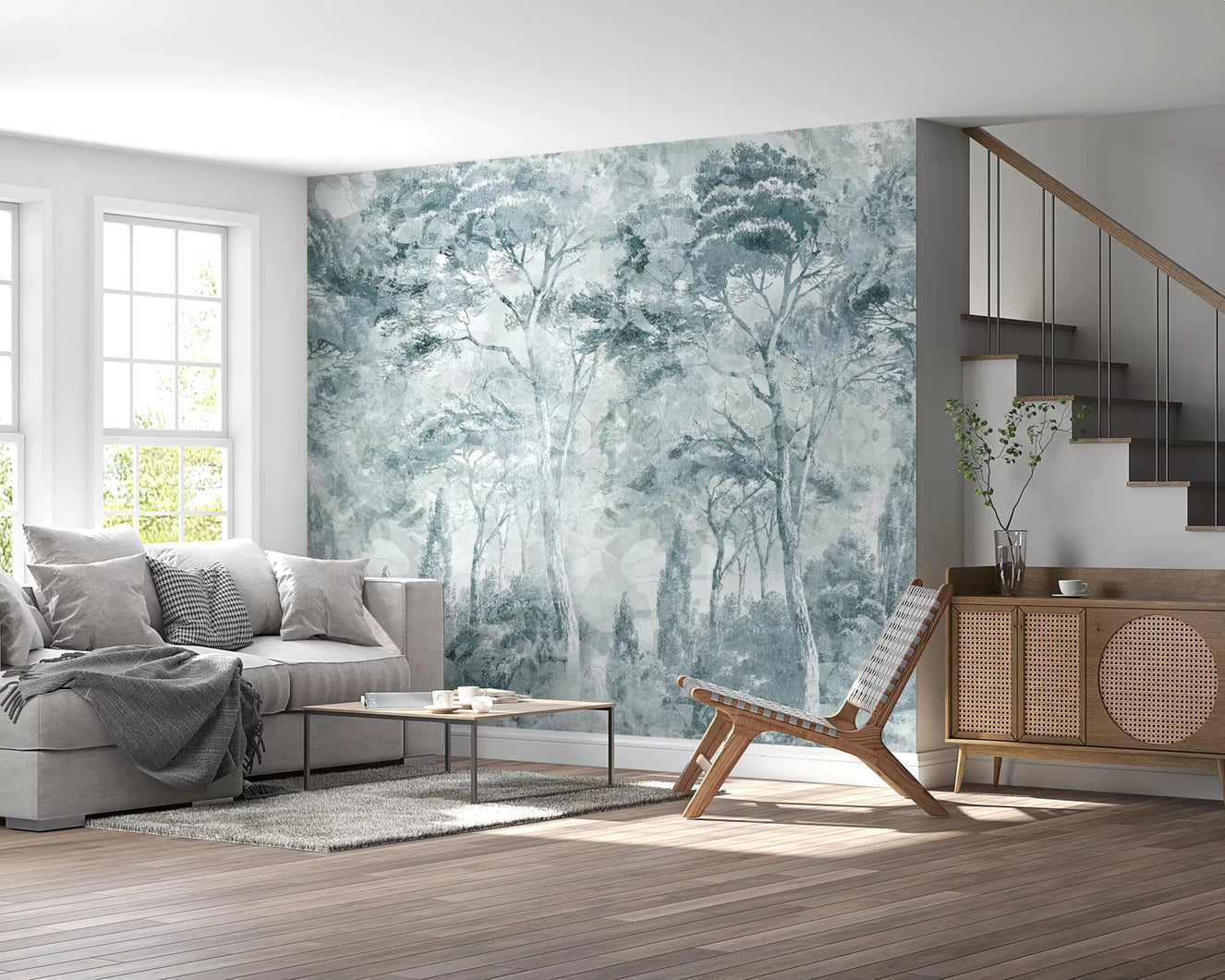 Hallway wall using Misty Pine Forest wall mural and misty forest depth