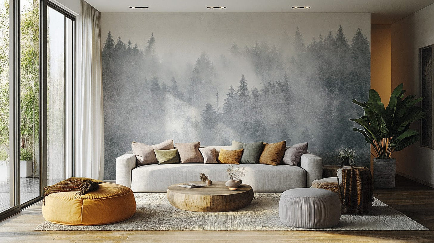 Fog-covered pine tree wallpaper
