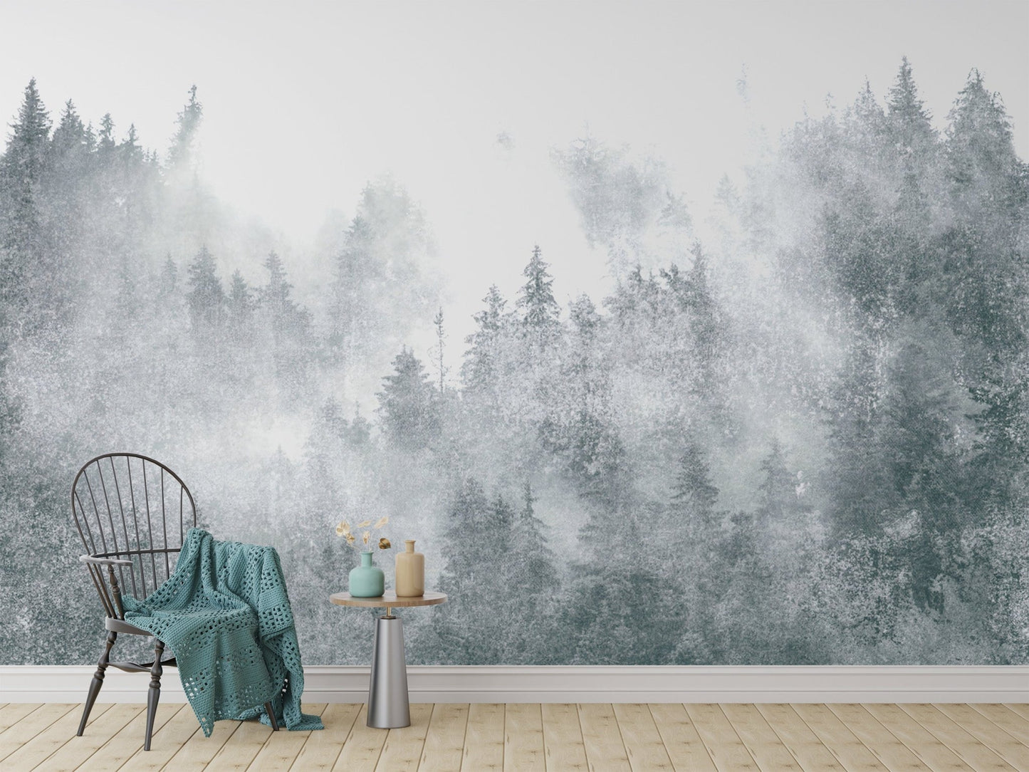Nature-inspired misty forest mural
