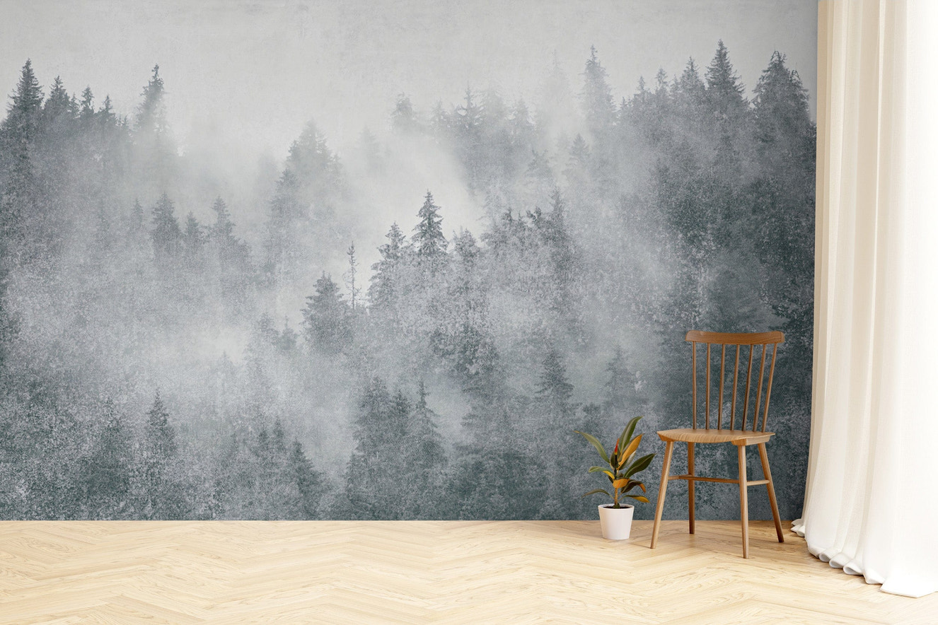 Misty pine forest scenic wallpaper
