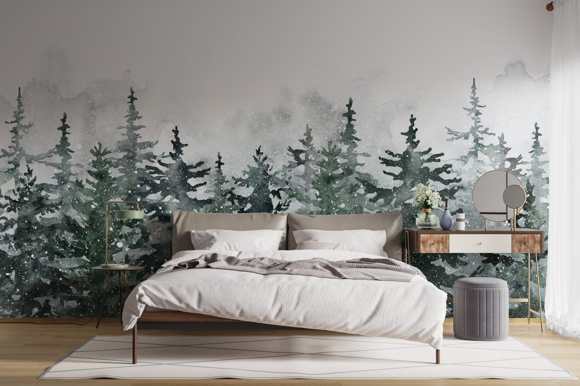 Serene misty pine forest winter mural A241
