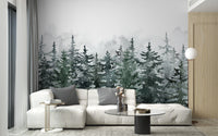 Misty Pine Winter Forest Wallpaper Mural - Giffywalls