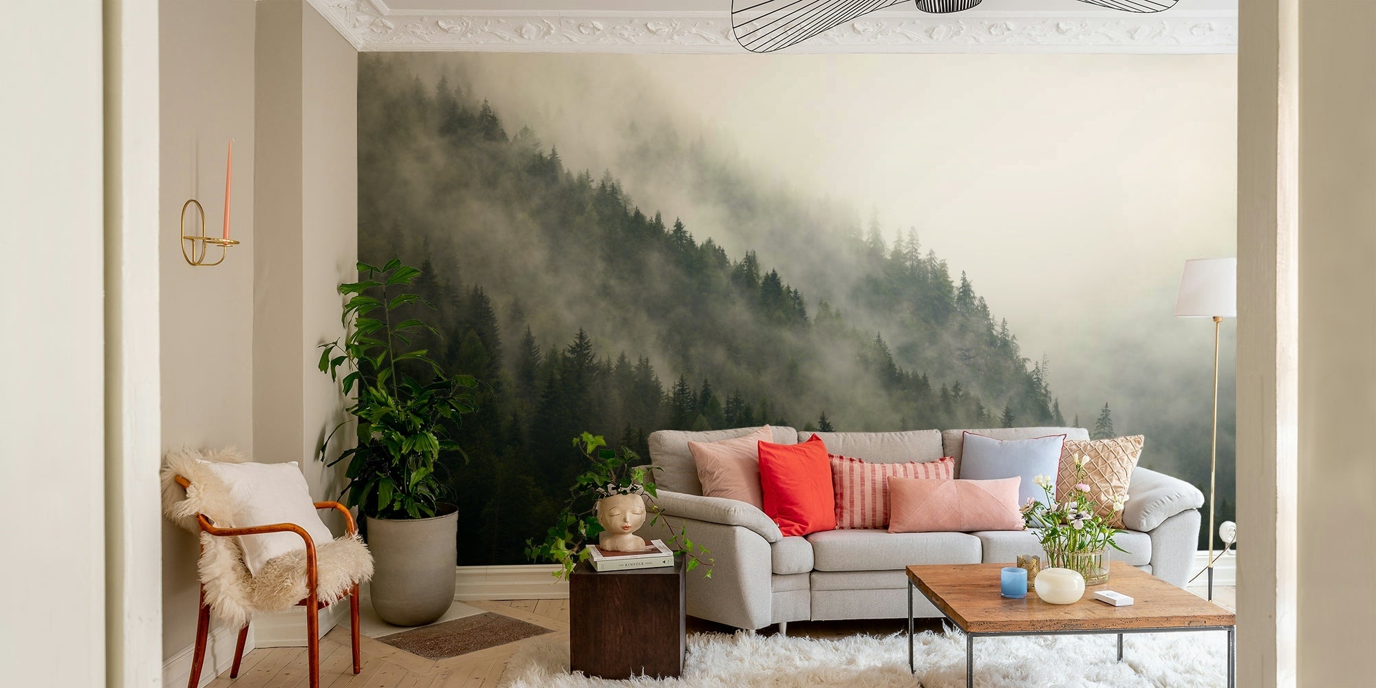 Misty Pines Wall Mural with fog weaving through evergreen forest GD4954

