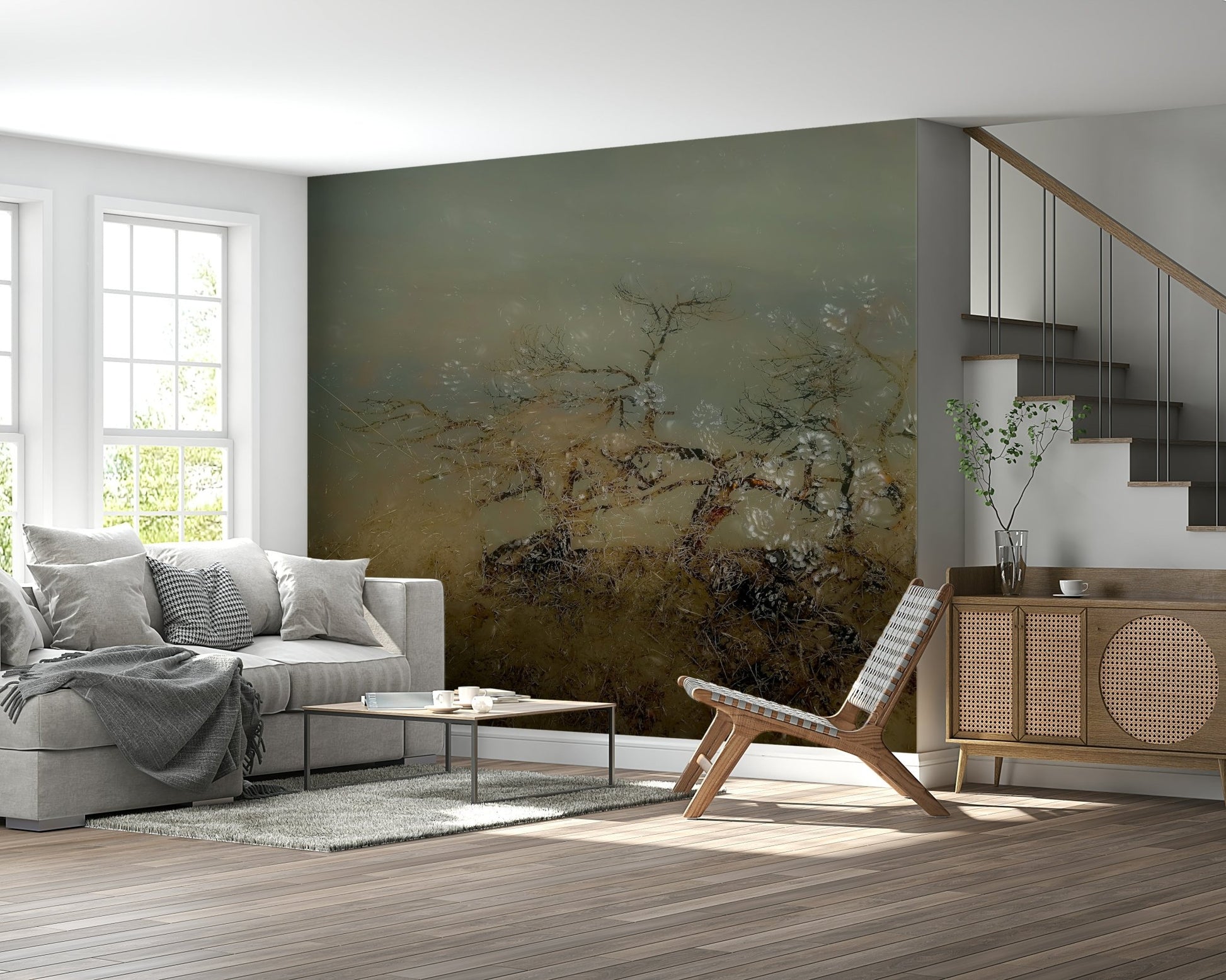 A beautiful serene landscape wallpaper mural with misty reflections on water.